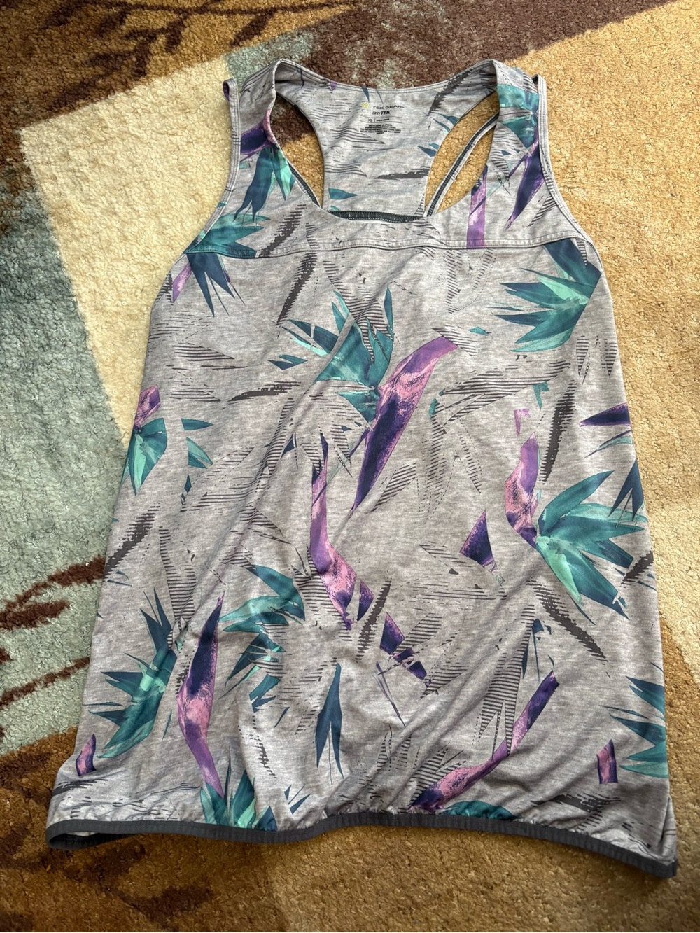 tek gear Gray Racerback Tank with Teal & Purple Leaf Print